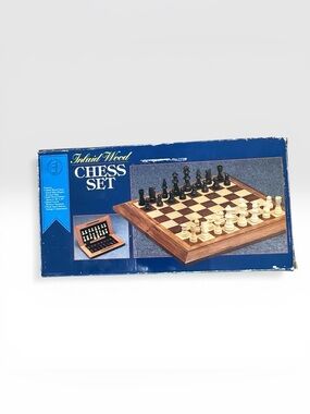 Vintage Inlaid wood chess set board & Box Home Or Office Decor MCM